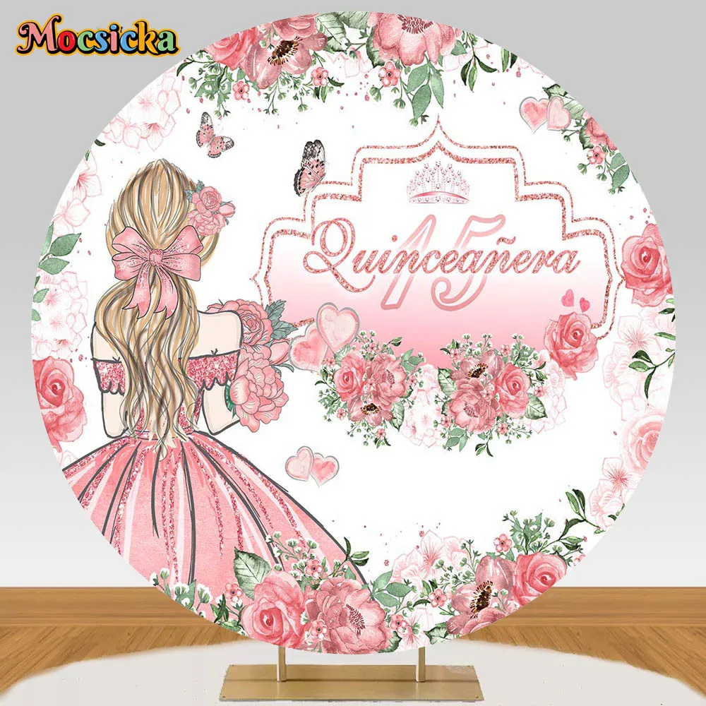 Mocsicka Round Backdrop Sweet Girl 15th Birthday Party Decor Pink Flowers Dress Photography Background Quinceanera 15 Backdrops