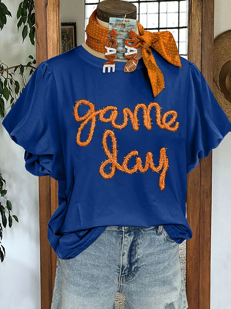 Casual Gameday Letter Puff Sleeve Top Women Blouse