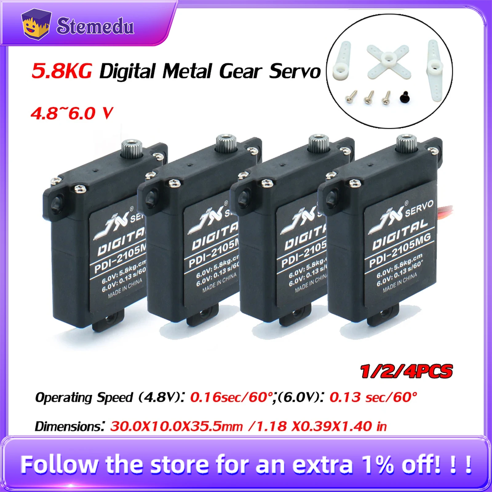 

JX PDI-2105MG 5.8KG Metal Gear Servo Motor Large Torque Digital for RC Fix-wing Airplane Aircraft Helicopter Model Part 1/2/4PCS