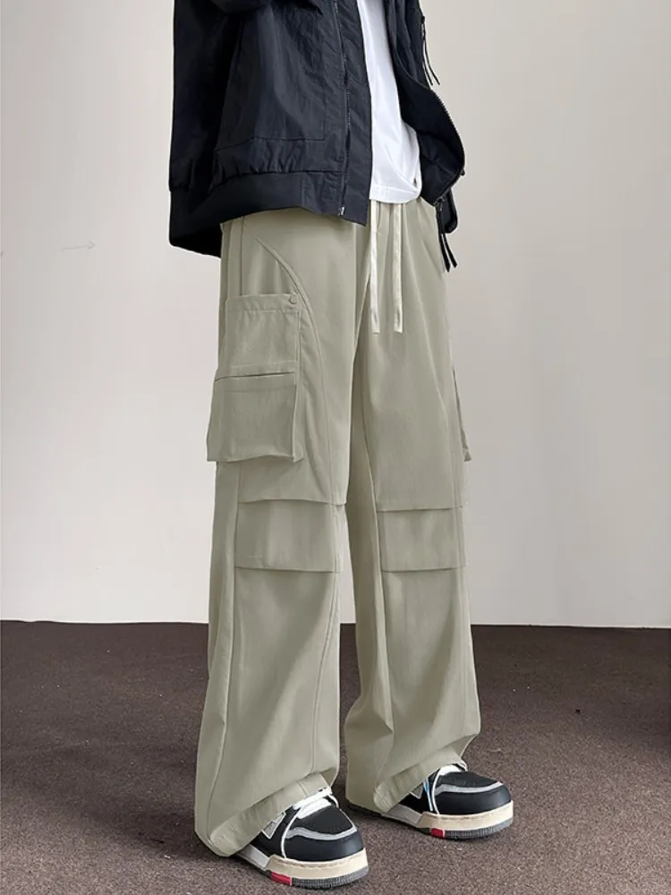 

Мужские рабочие брюки American Sle: весенне-осенние, с дизайнерскими складками, в стиле парашютиста, прямые, удлиненные, повседневные