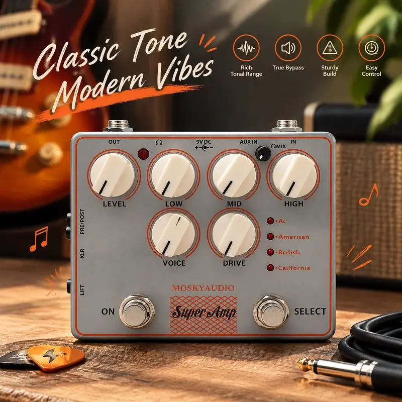 MOSKYAUDIO SUPER AMP Guitar Effect Pedal Effect Device Multi functional Simulator 4-in-1 with DI+Earphones+AUX IN