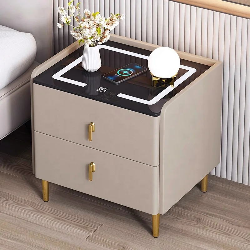 *- Factory Direct Sale Custom Modern Solid Wood Smart Nightstand Wireless Charging And Tri-color