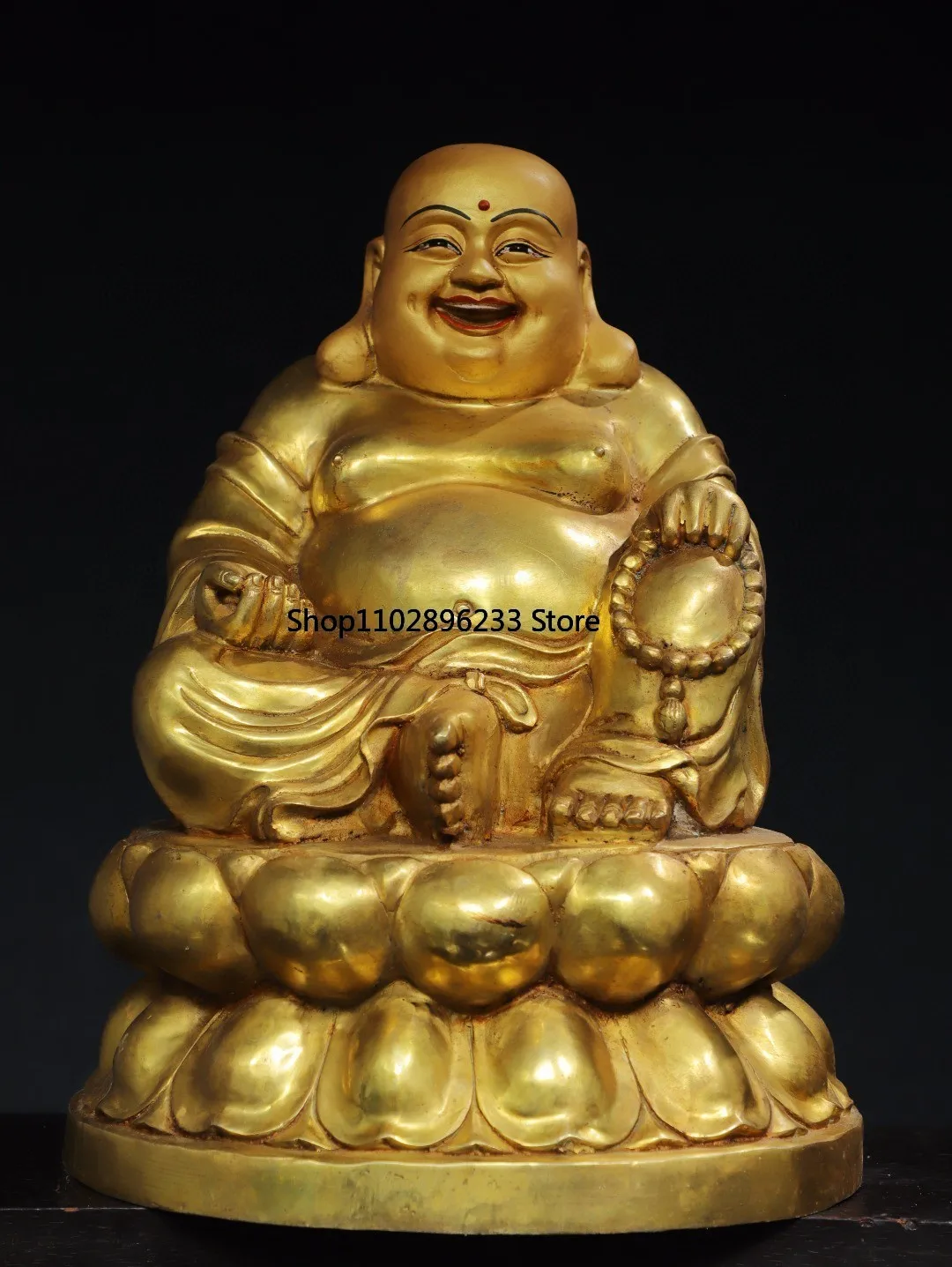 Tibetan Brass Gilt Painting Face Maitreya Smiling Buddha Ruyi Cloth Bag Ornament Home Buddhist Hall Supplies Collection 36cm