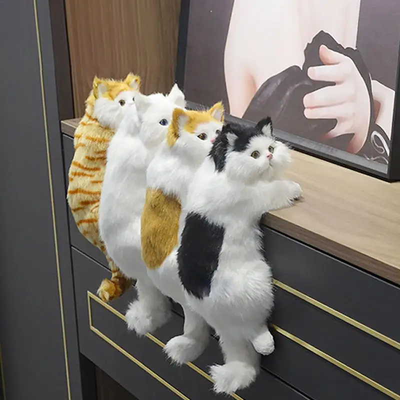 Realistic Furry Hanging Cat Cute Simulation Plush Cat Doll Animal Figurines Home Tv Decoration Kitten Model Soft Toy Child Gift