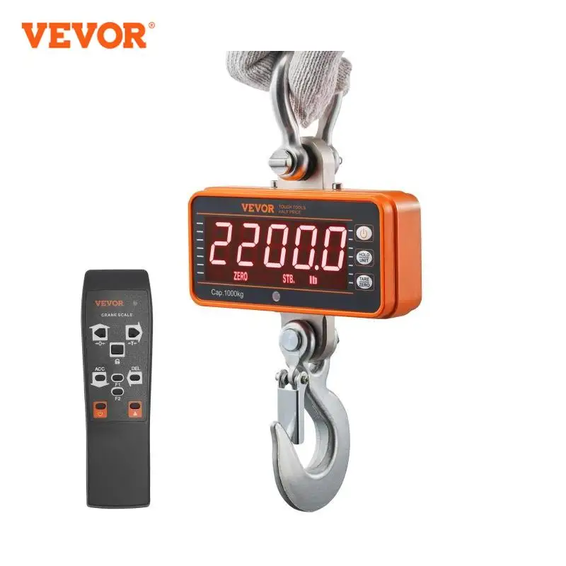 VEVOR 1000 kg Digital Crane Scale Industrial Hanging Scale with Remote Control Cast Aluminum Case & LED Screen for Construction