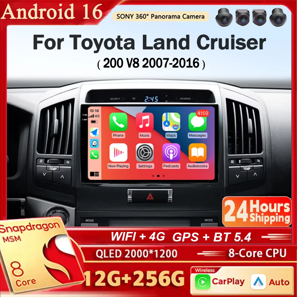 Android 16 For Toyota Land Cruiser 200 V8 2007-2016 Car Radio Stereo GPS Navigation Multimedia Player Wireless CarPlay&Auto WIFI