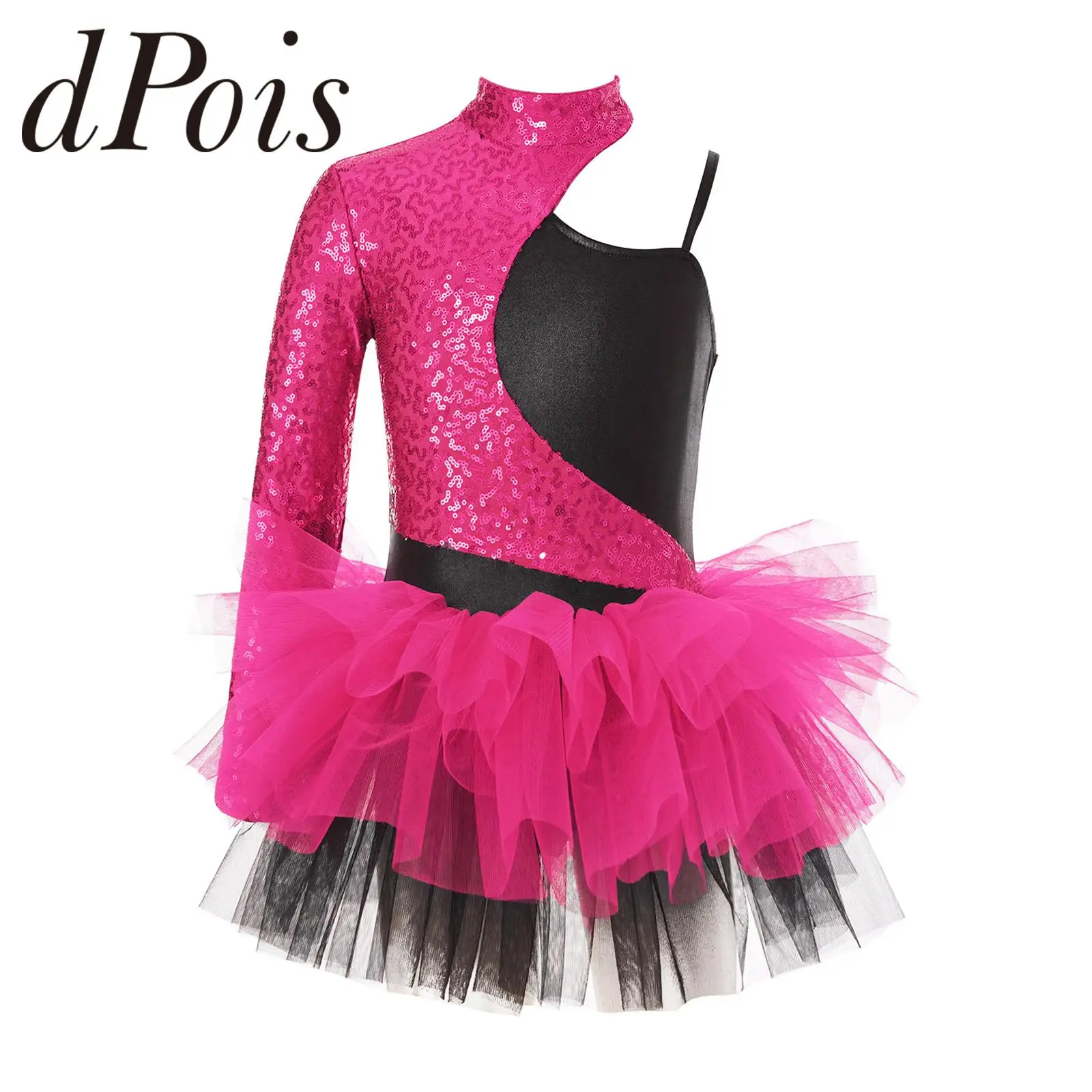 Children Jazz Dance Costumes Kids Girls Shiny Sequins Gymnastics Leotard Dress Asymmetrical Sleeves Tulle Skirt Stage Dancewear