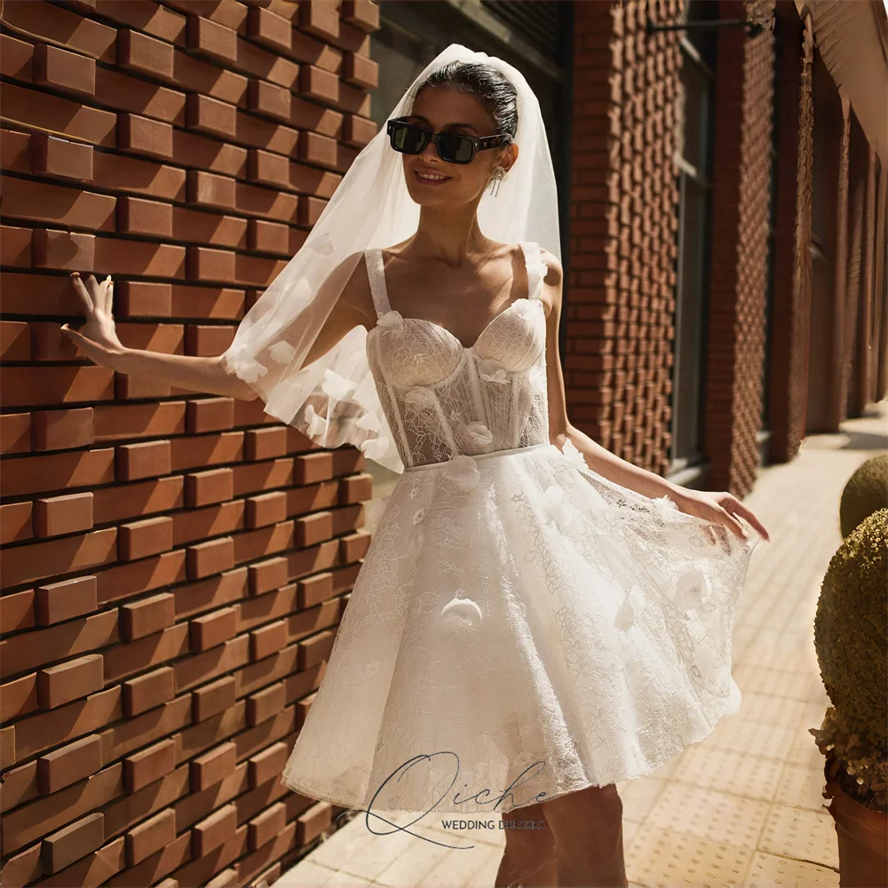 

QICHE Charming Lace Short A-Line Wedding Dresses Sweetheart 3D Flowers Spaghetti Straps Sleeveless Vestidos De Novia Customized