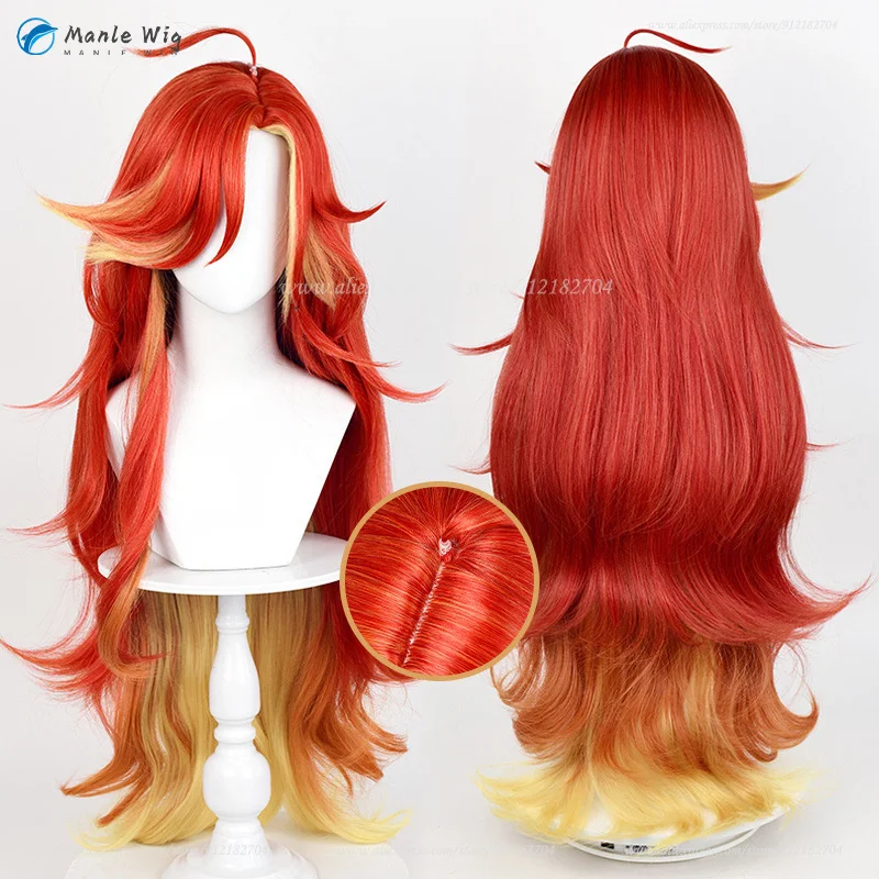 

Mavuika Cosplay Wig Red Yellow Mixed 100cm Long Curly Wigs Heat Resistant Synthetic Hair Pyro Archon Mavuika Cosplay Anime Wig