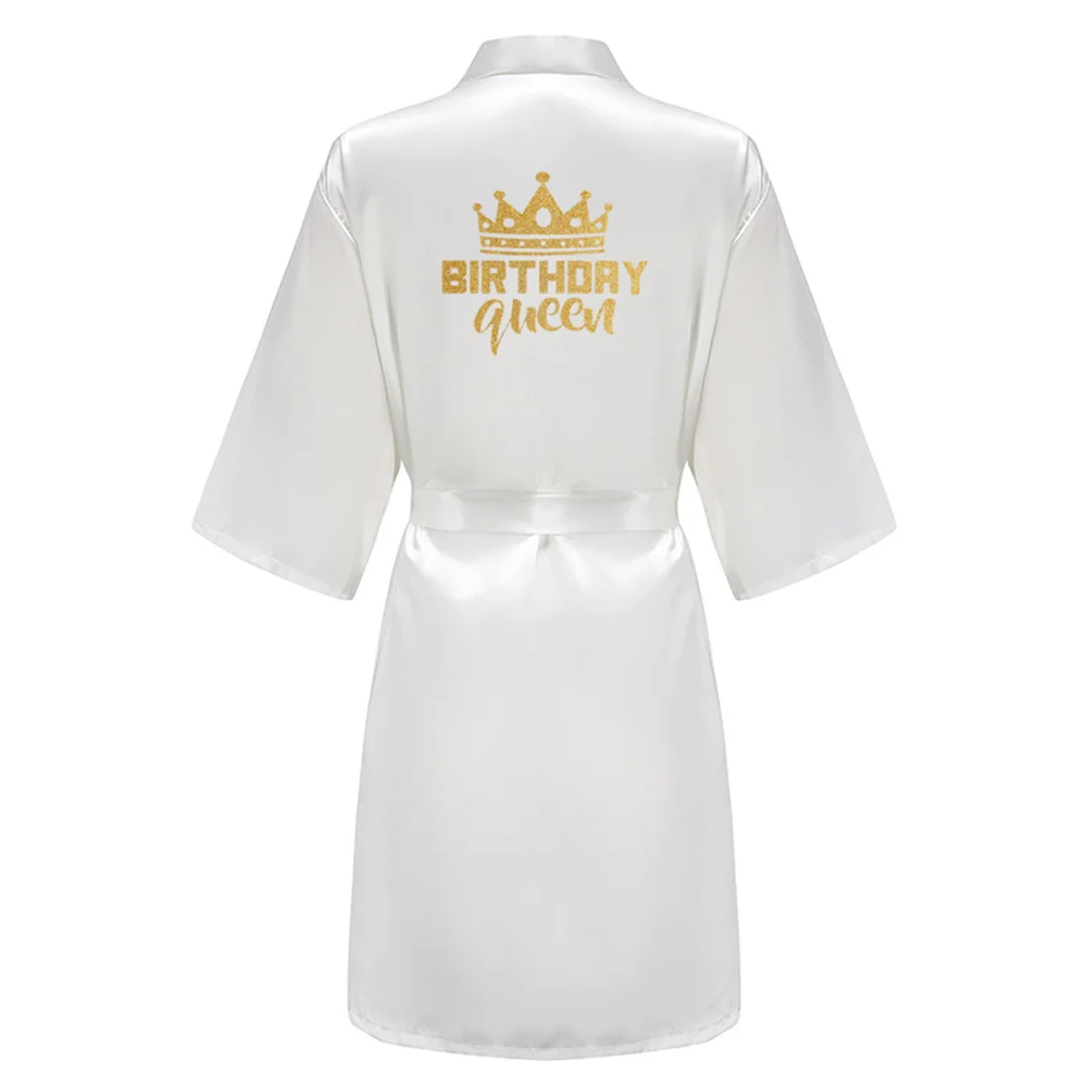 Birthday Party Queen Squad Robes Satin Pamas Dressing Gown White Writing Kimono Bathrobe