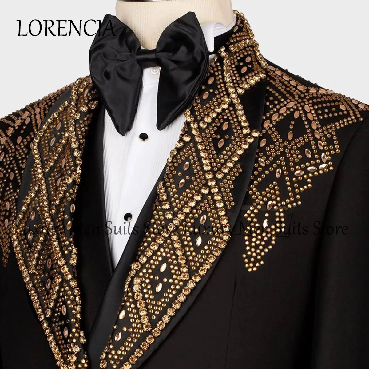 Customized Beaded Crystals Men Suits Peaked Lapel Groom Wedding Tuxedos 3 Pieces Sets Male Party Blazers Slim Fit Costume Homme