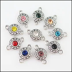 Fashion 20Pcs Mixed Crystal Tibetan Silver Plated Round Flower Charms Connectors 11x18mm HCJBAB