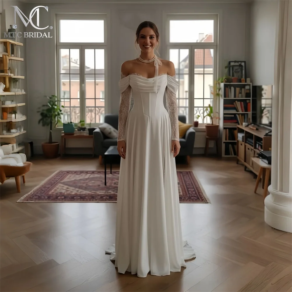 Elegant 2026 Long Wedding Dresses Off The Shoulder Full Lace Sleeves A Line Corset Chiffon Bridal Gowns Plus Size