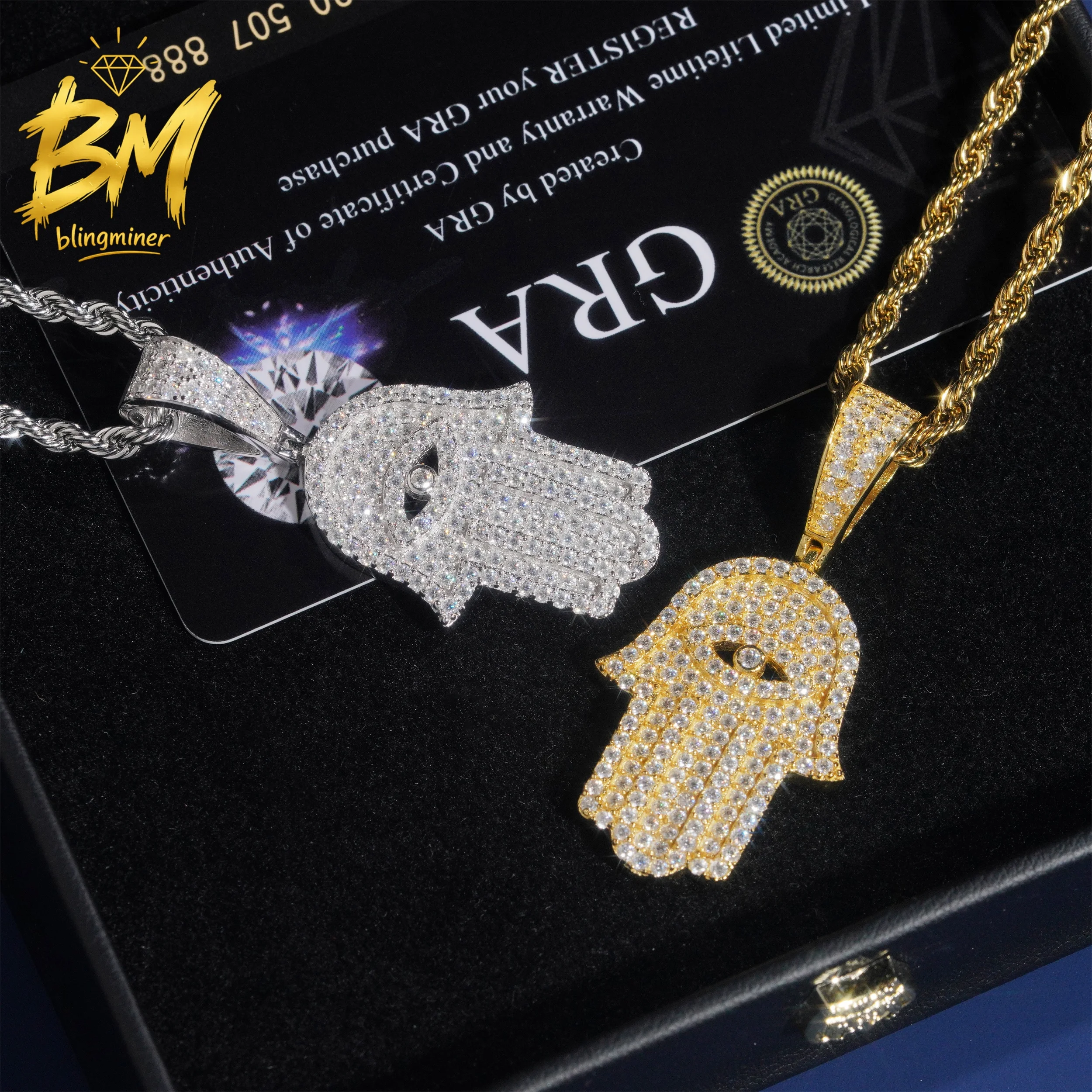 Blingminer Hamsa Hand S925 Silver VS Moissanite Pendant For Men Women Pendants Jewelry Pass Diamonds Tester Free Shipping
