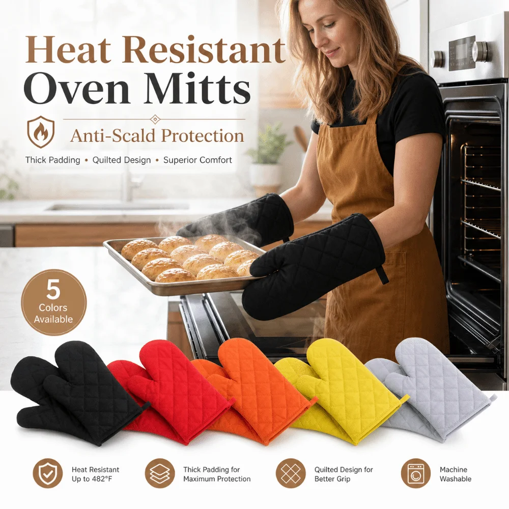 Quilted Cotton Oven Mitts Heat Resistant Non-Slip Microwave Oven Gloves Anti-Scalding Hanging BBQ Baking Gloves Kitchen Cooking