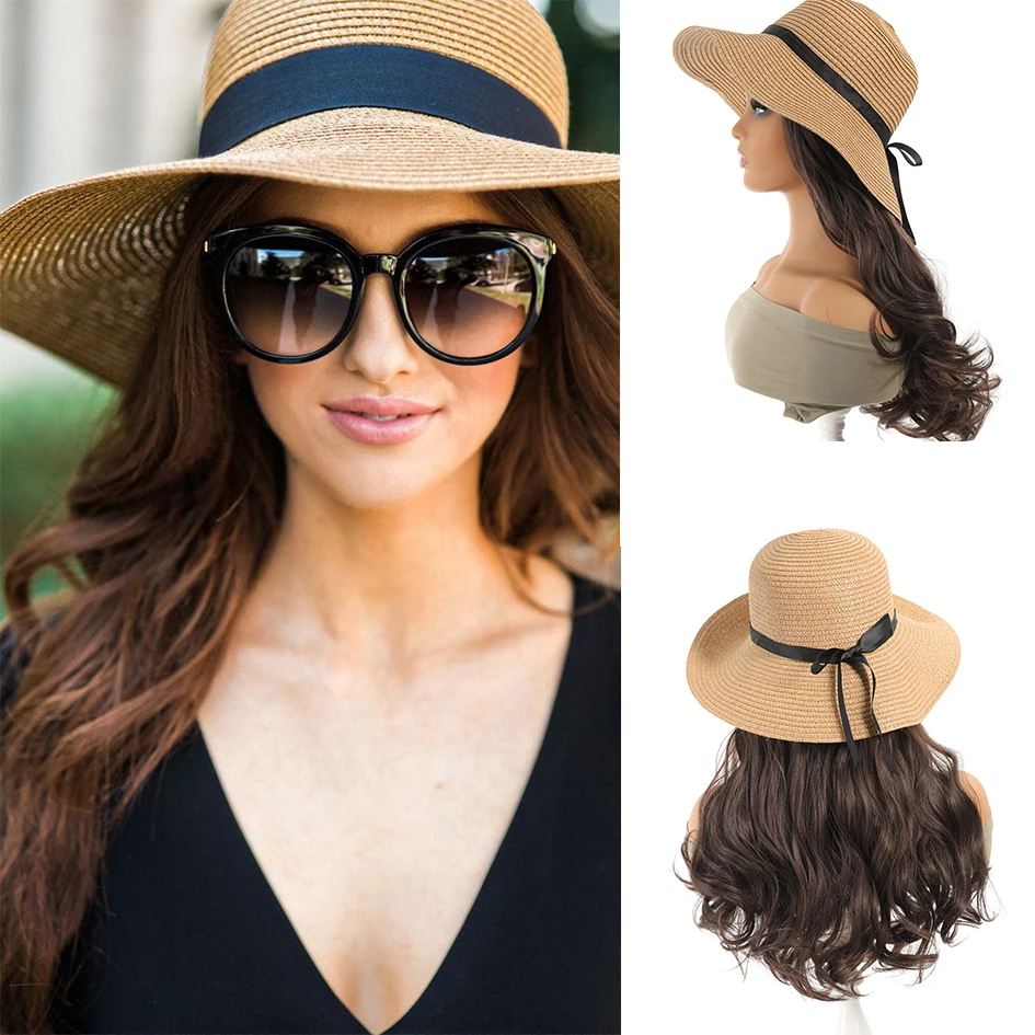 

Synthetic High Temperature Resistant Fisherman Straw Hat Wave Wig Easy to Wear 16 Inch Daily Wear Sunscreen, Sunshade Bucket Hat