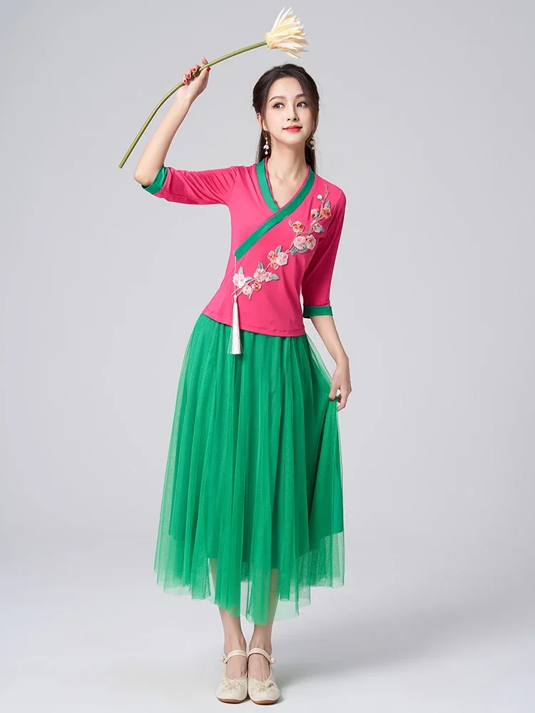 Ele Embroidered Square Dance Costume Set Women's Mid-Sve Classical Dance Performance Outfit Comfortable Milk Silk Fabric