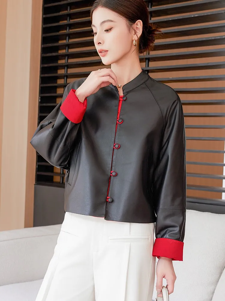 Veste en cuir véritable de mouton pour femmes, nouveau Style chinois, col montant, vêtements d'extérieur à la mode, Patchwork, simple boutonnage, manteau court décontracté