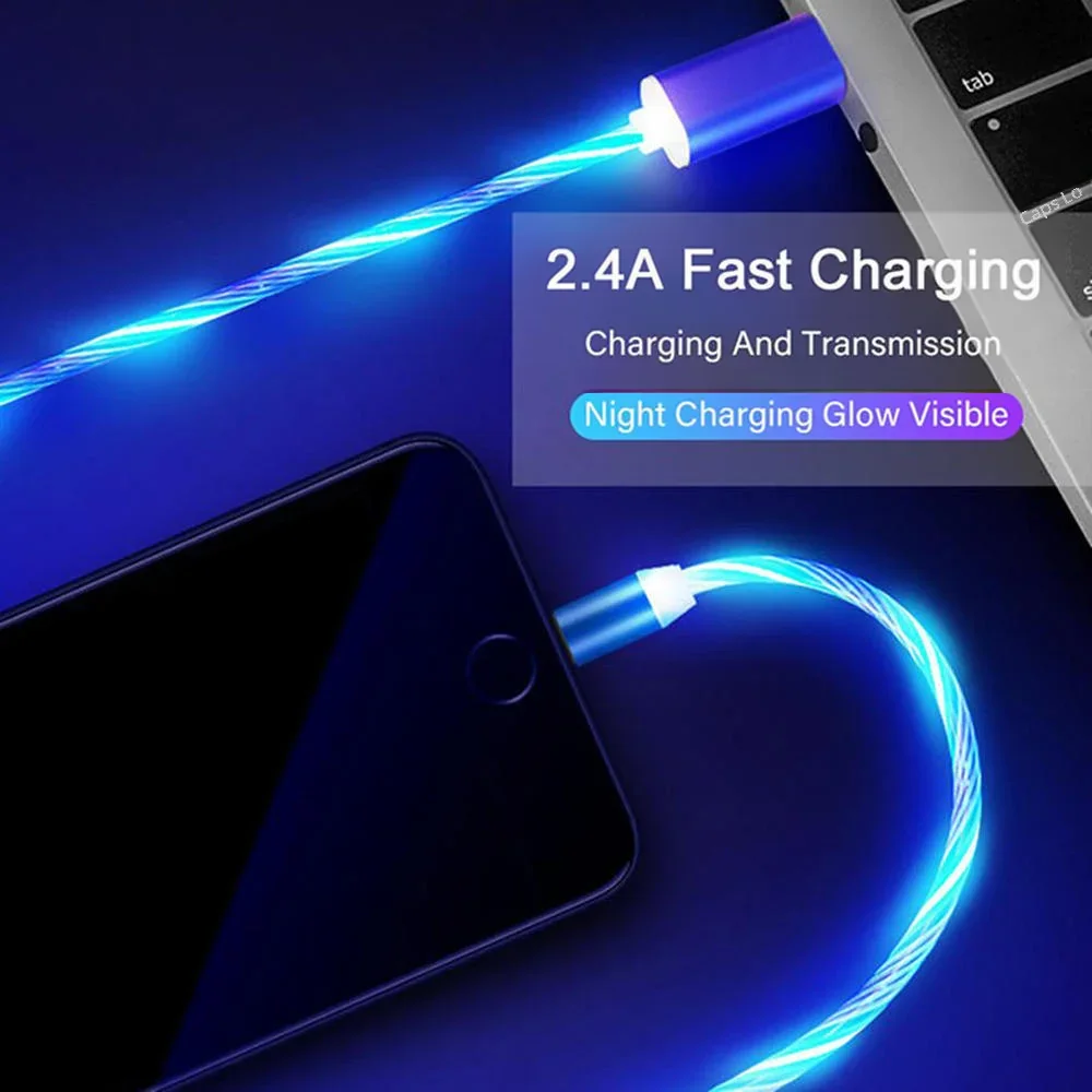 MVQF 3in1 Magnetic Flow Luminous Lighting Charging Mobile Phone Cable Cord Charger Wire for Iphone Samaung LED Micro USB Type C