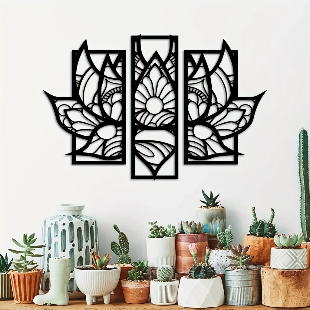 

Set Metal Mandala Home Art Decor 3D Wall Silhouette Sculpture Black Lotus Flower Wall Hanging Decor Living Room Home Decor wall