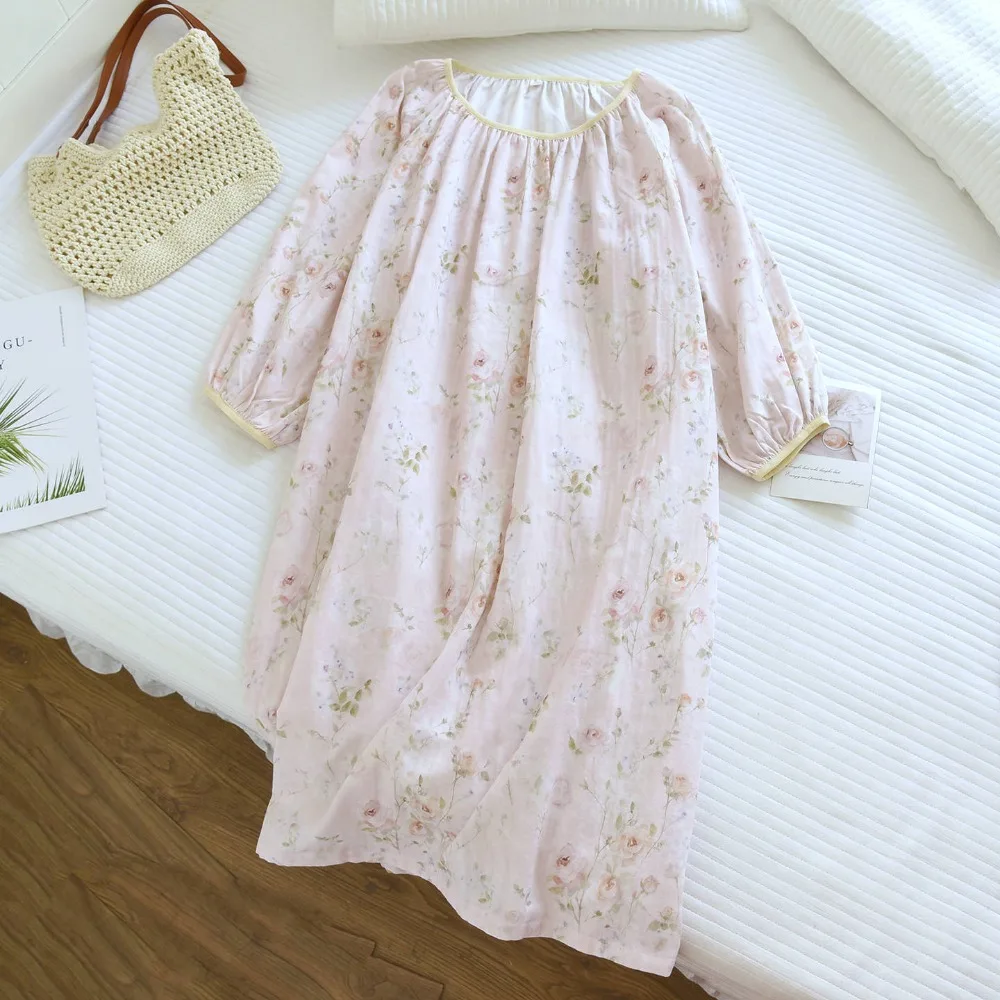 

Floral Women Sleepwear One Piece Dress New Spring Autumn Long Sleeve Loose Women's Nightgowns Nightwear Nightie Pajamas Dress