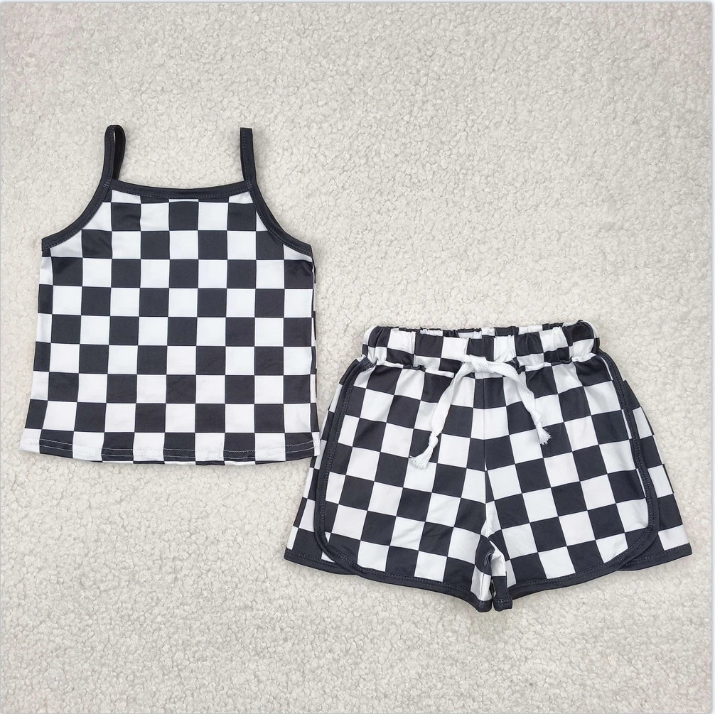 

RTS fashion children Embroidery Baby Girls Black Strap Plaid Top Short Sports Sets Short Set baby girl Clothes