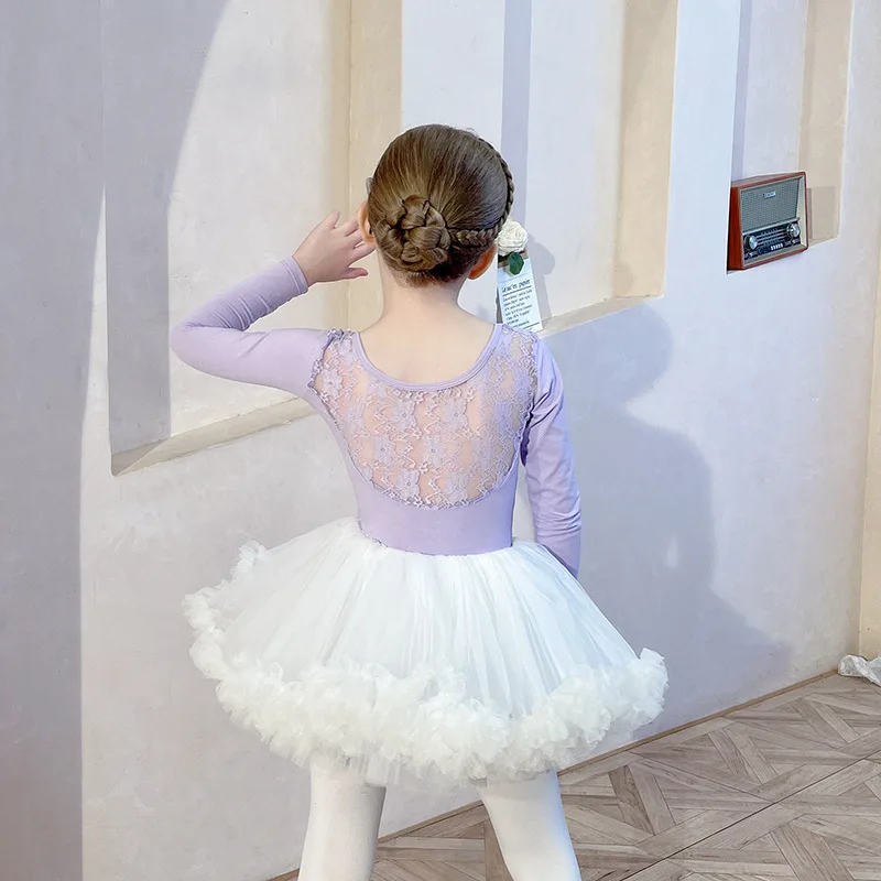 Crianças meninas ginástica collant bailarina dancewear traje de manga comprida rendas volta dança ballet roupas desempenho das crianças