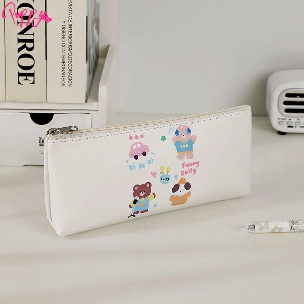 Lovely INS Kawaii Pen Bag Creative PU Leather Bear Pencil Pouch Waterproof Zipper Cartoon Pencil Case School Supplies