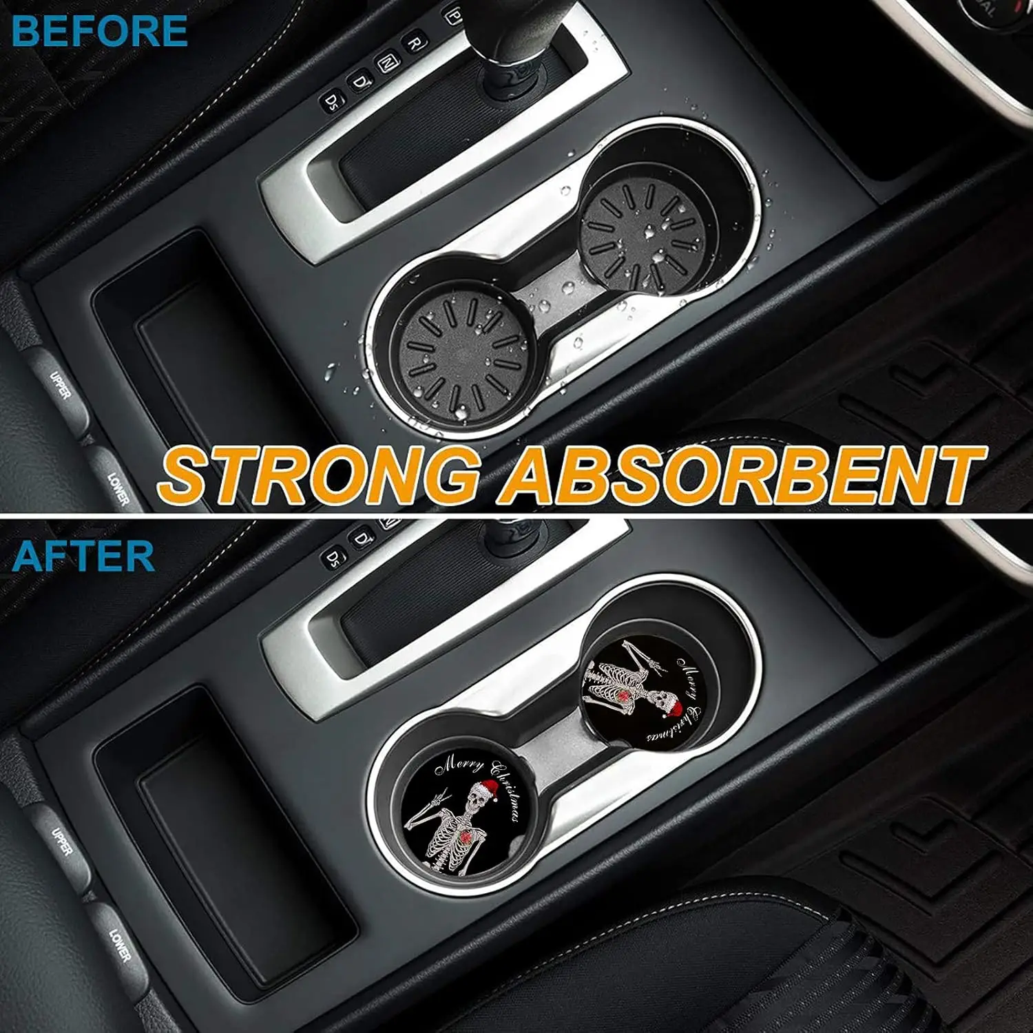 قبعة عيد الميلاد المضحكة، حاملات أكواب هيكل جمجمة، قواعد أكواب للسيارة للنساء/الرجال - عبوة من قواعد أكواب المشروبات المصنوعة من حجر السيراميك الماص