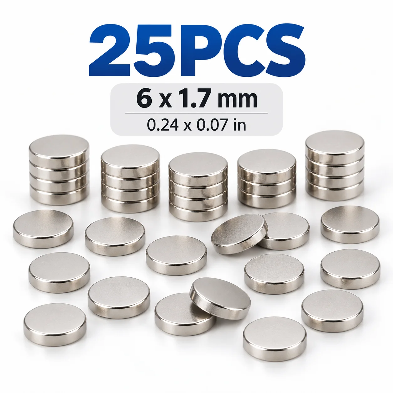 6x1.7mm (0.24x0.07in) Small Round Disc Magnets, Silver Mini Fridge Magnets for Photos, Notes, Crafts, Office, 25/50/100PCS