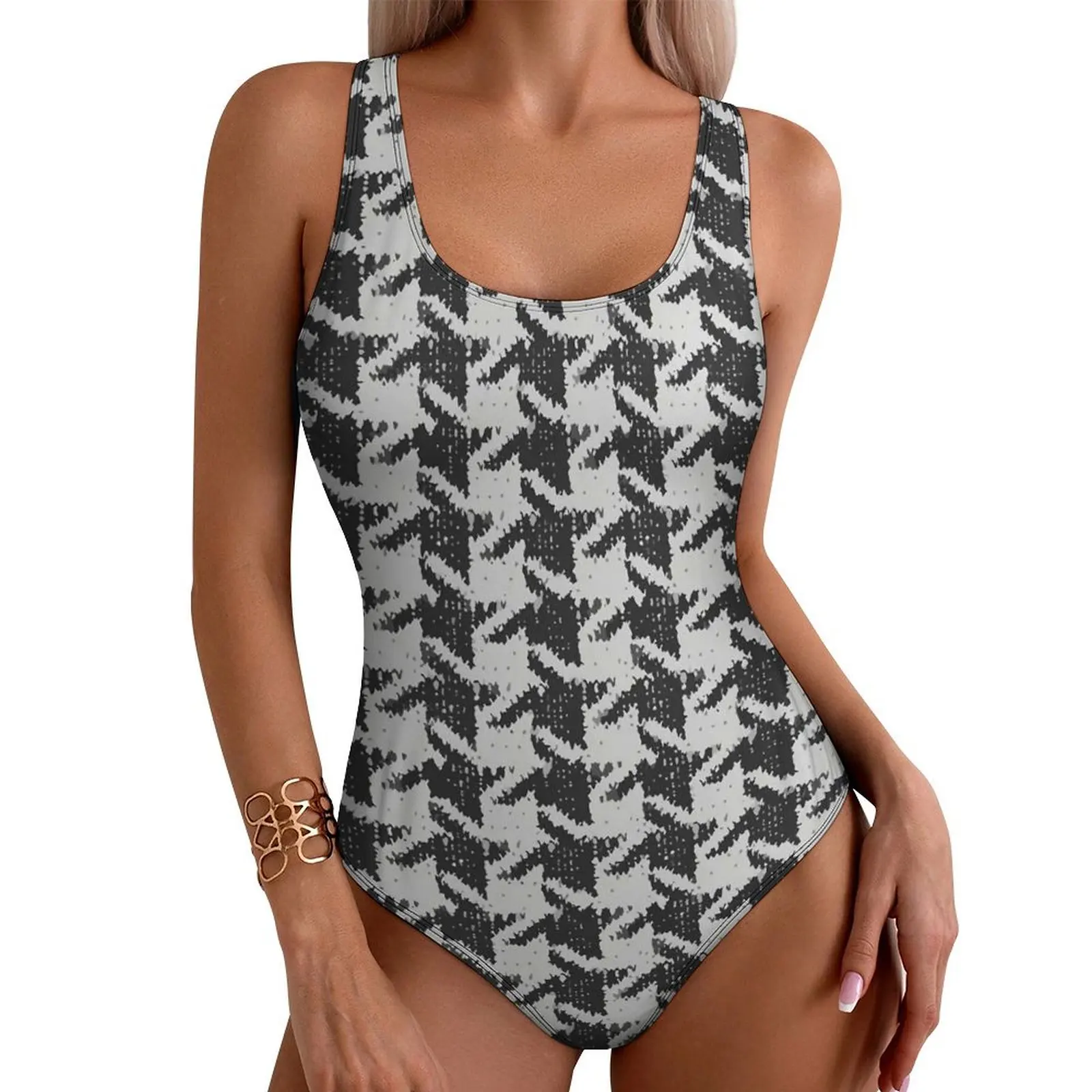 

Houndstooth Graphic Swimsuit Modern Abstract Design Swimwear One Piece Vacation Bath Graphic Bodysuit Hollow Out Bathing Suit