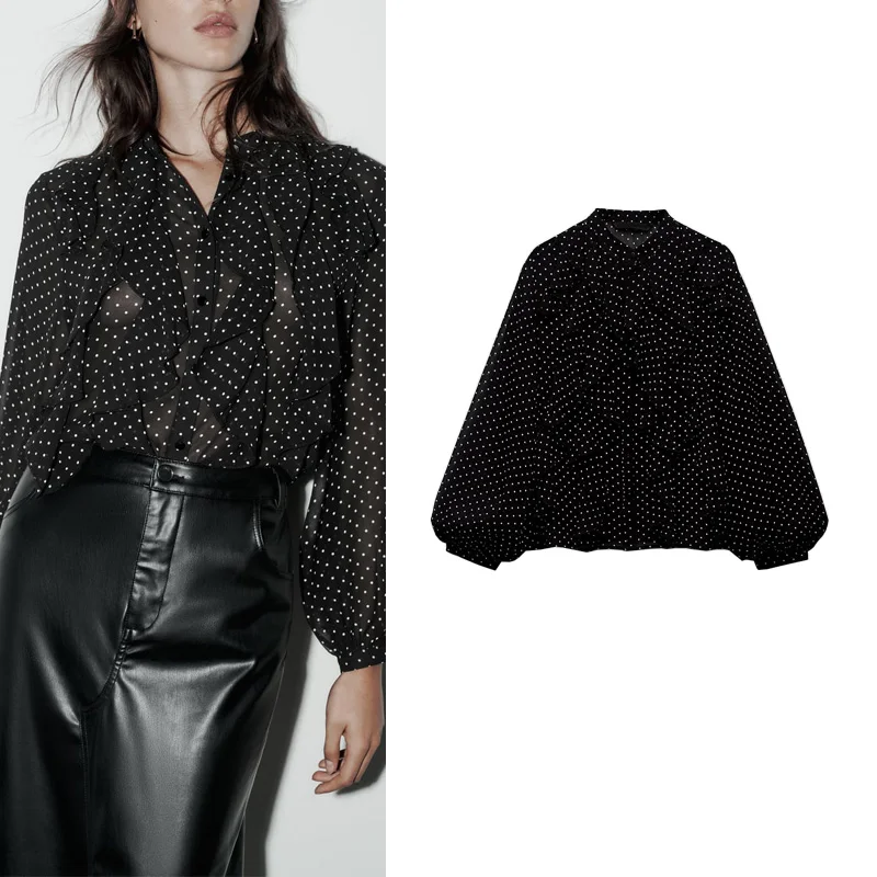 春の通勤 ポルカドット柄 カジュアル セミシースルー オフィスOL レイヤード装飾 ロングスリーブ ボタンアップ スタンドカラー ポリエステル...
