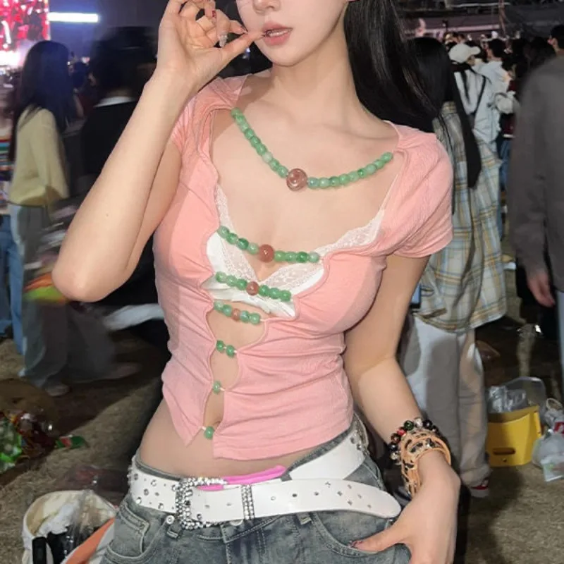 2024 Summer Design Sensory V-neck Spicy Girl Sexy Hollow Pure Desire Pink T-shirt Tank Top Female