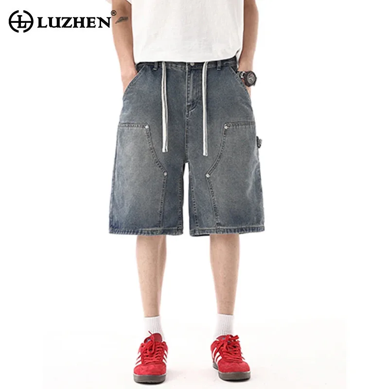

LUZHEN Trendy Rivet Metal Decorate Patchwork Design Straight Denim Five Pointed Pants Men 2025 New Original Shorts Jeans JY2146