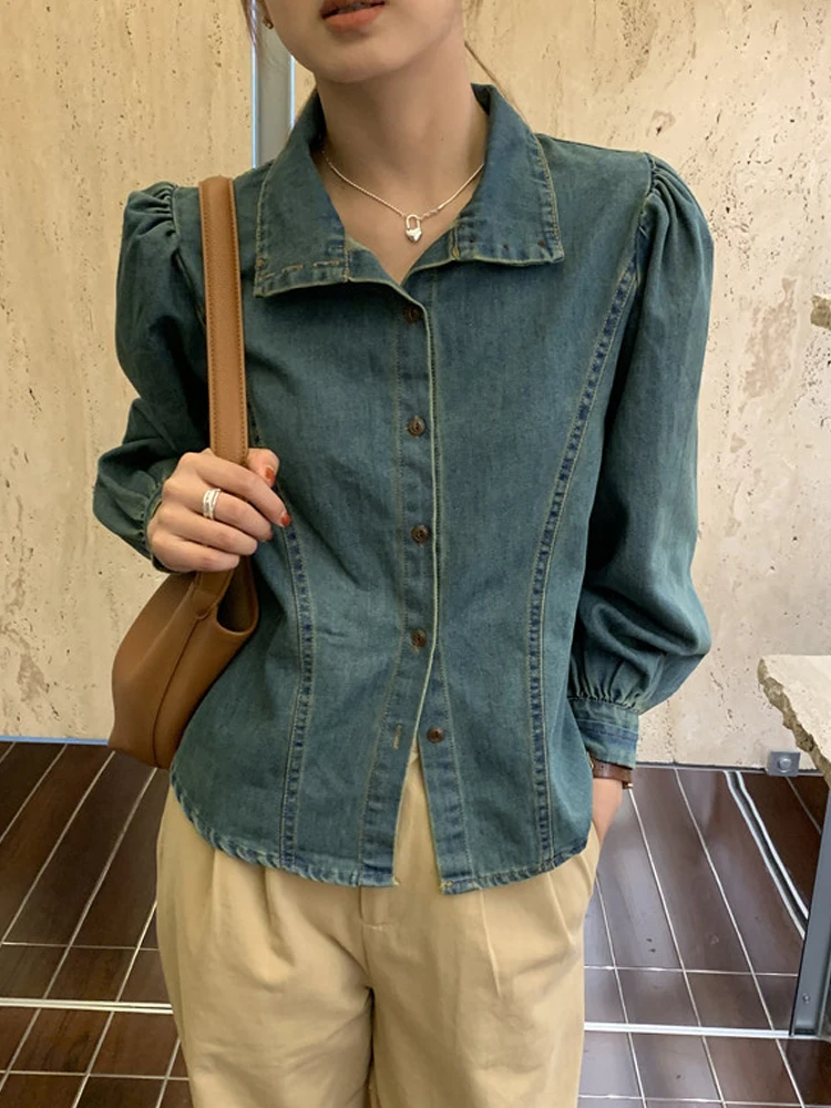 Retro Stand Collar ort Denim irt Women's Autumn New Design Sensation Anti Aging irt Jaet  Top Korean Sle Loose...