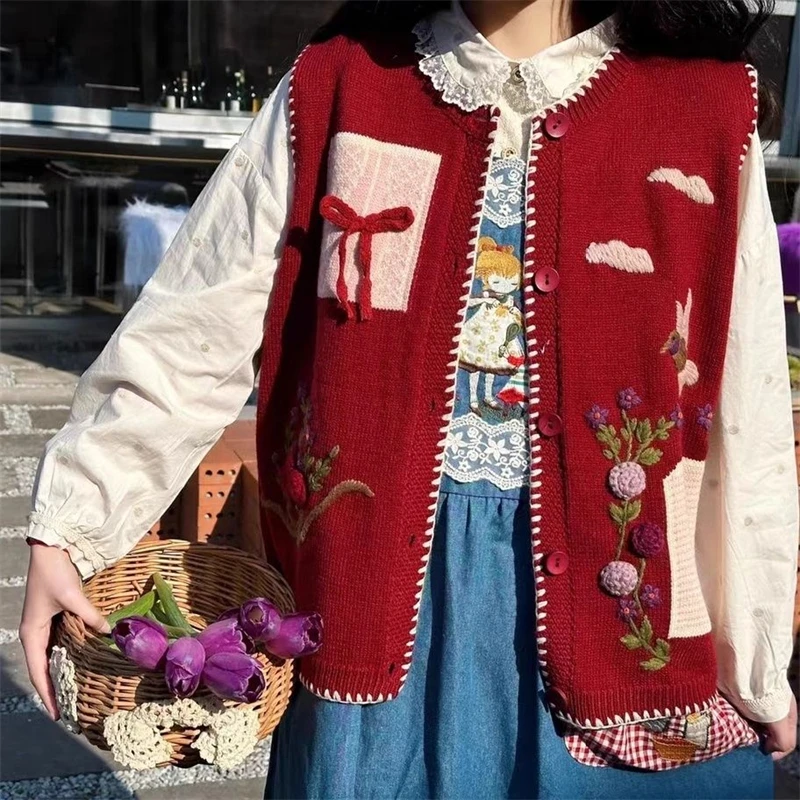 Women Clothing Vintage Ethnic Style Flower Embroidery Y2K Harajuku Sweater Vest Female O Neck Loose Sleeveless Knitted Waistcoat