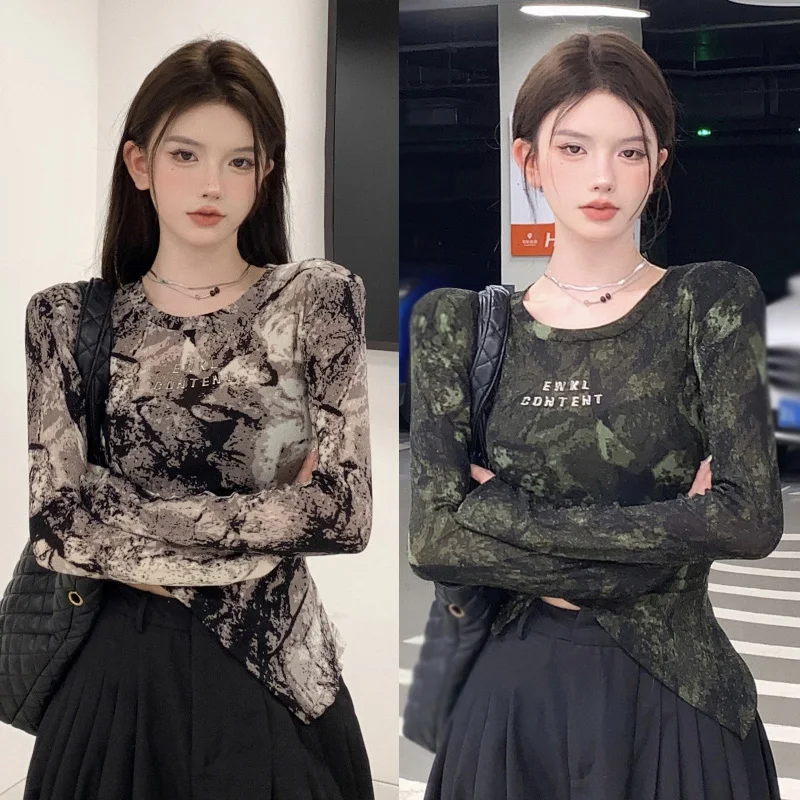 Women Summer Long Sleeve Irregular T-shirt Korean Retro Hot Girl Skinny Print Y2k Tops