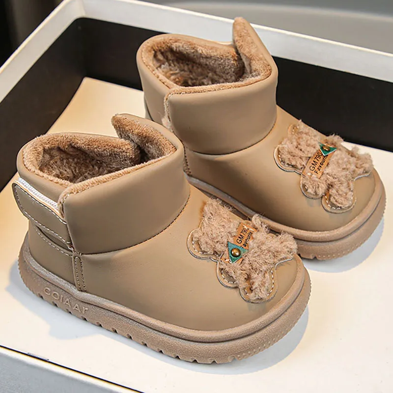 

Winter Plush Snow Boots For Children PU Leather Thick Warm Children's Cotton Shoes Soft-soled Little Boy's Girl's Faux Fur Boots