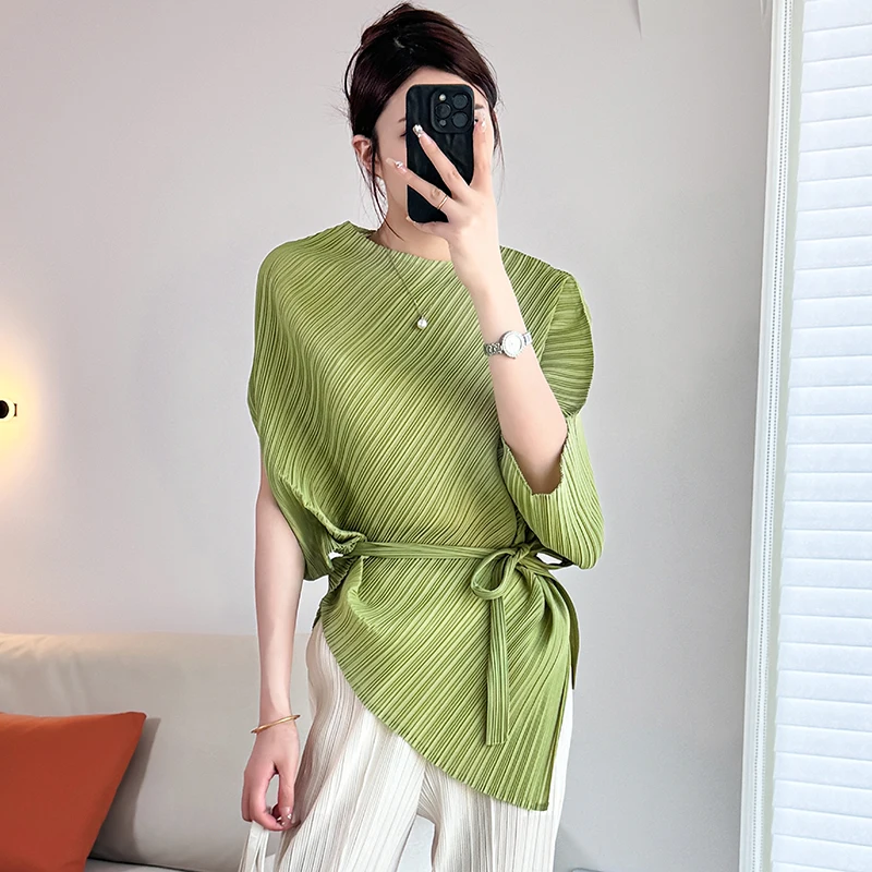 Miyake Pleated Solid Color Tops Ladies O Neck Batwing Sleeve Stretchy Irregular Bandage Lace Up Blouse Shirt Summer Clothes