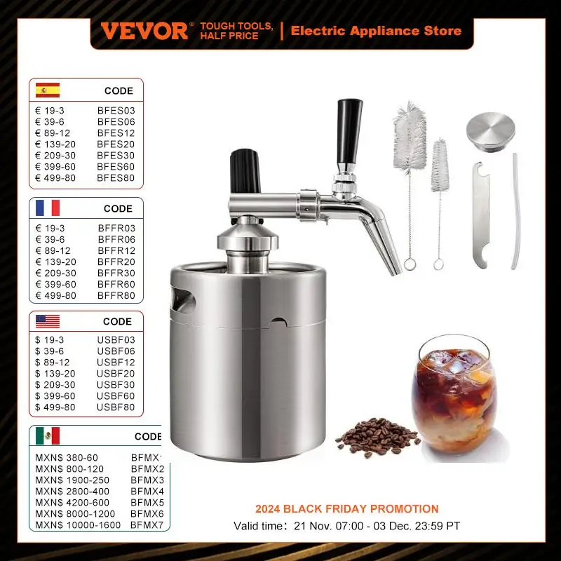 VEVOR 2L Cold Brew Coffee Maker Stainless Steel W/ Convenient Faucet Sanitary Corrosion-Resistant Easy to Carry Outdoors Home