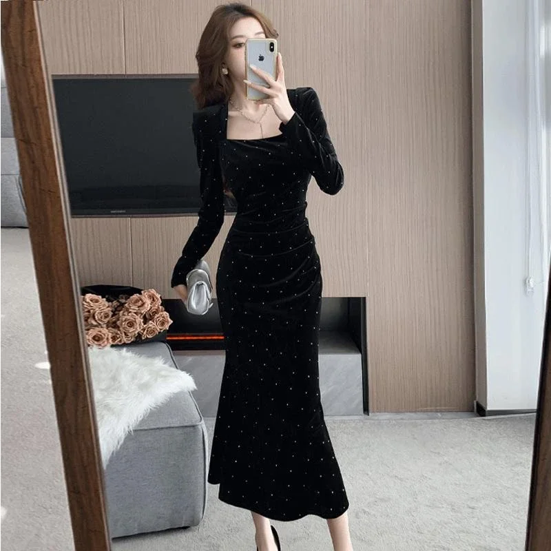 Gagaok Elegant Black Dress 2024 Autumn French Fashion Square Collar Velvet Bodycon Dresses Women Slimming Vestidos Femme