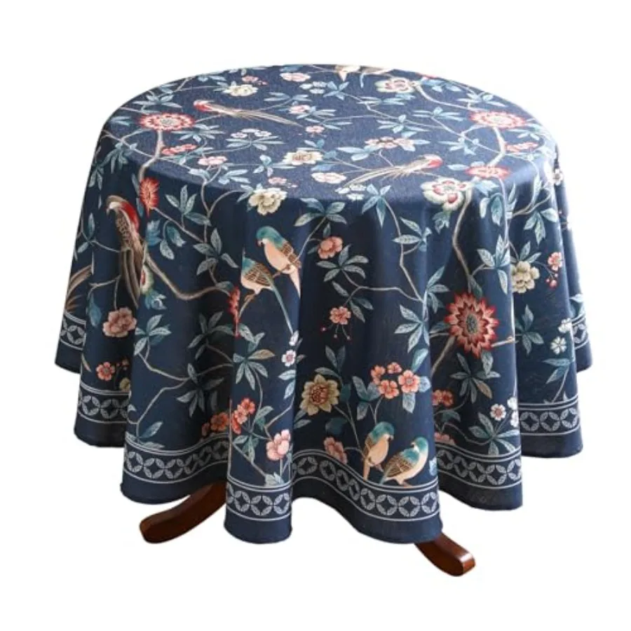 

Дизайнерская винтажная темно-синяя льняная круглая скатерть с французским цветочным и птичьим узором, декоративное покрытие для стола K