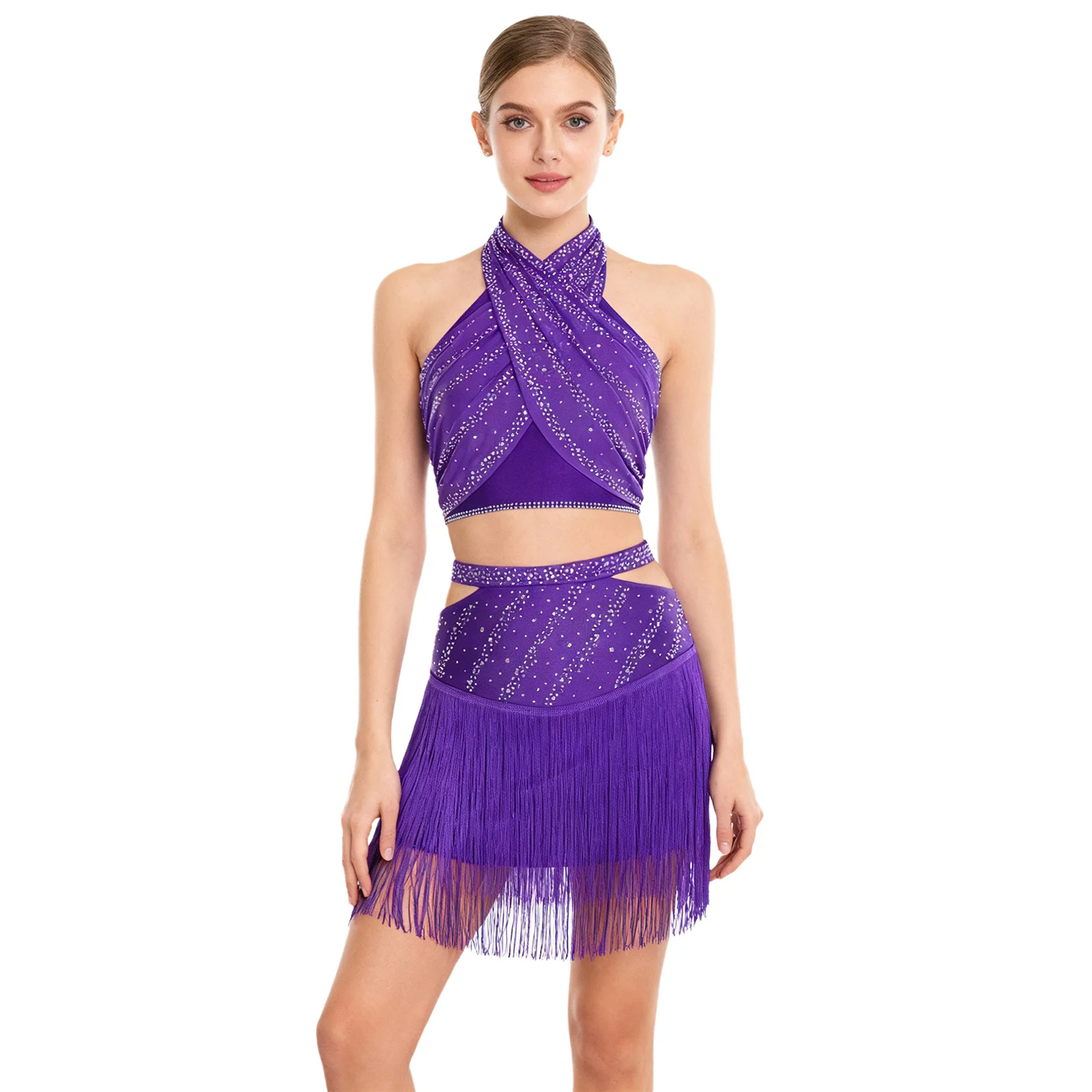 ชุดเต้นแทงโก้ลาตินสำหรับผู้หญิง ประดับพู่ แขนกุด ประดับคริสตัล สายไขว้หลัง เสื้อครอป + กระโปรง สำหรับเต้นบอลรูม ชาช่า และการแสดงสเก็ต