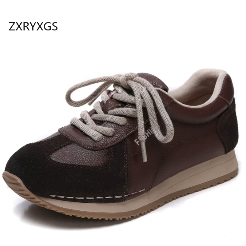 ZXRYXGS Top Layer Cowhide Splicing Spell Colors Women Trendy Flats 2026 New Spring Genuine Leather Shoes Retro Casual Sneakers
