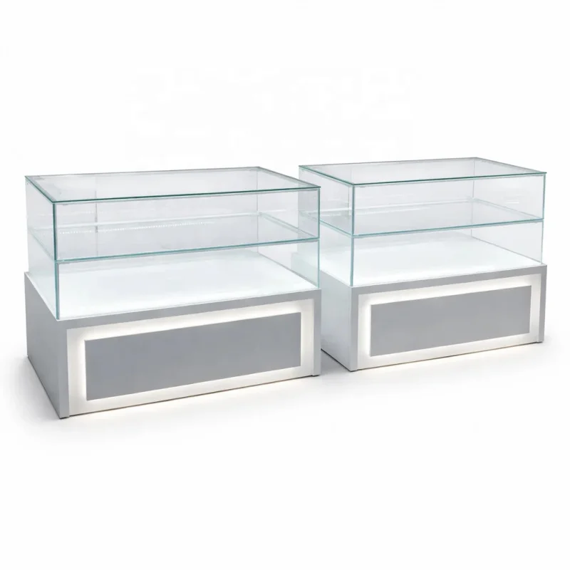 custom.Luxury Frameless Multi Tier Glass Jewelry Display Showcase Cabinet with LED Lighting Lockable Gloss White Retail Stor
