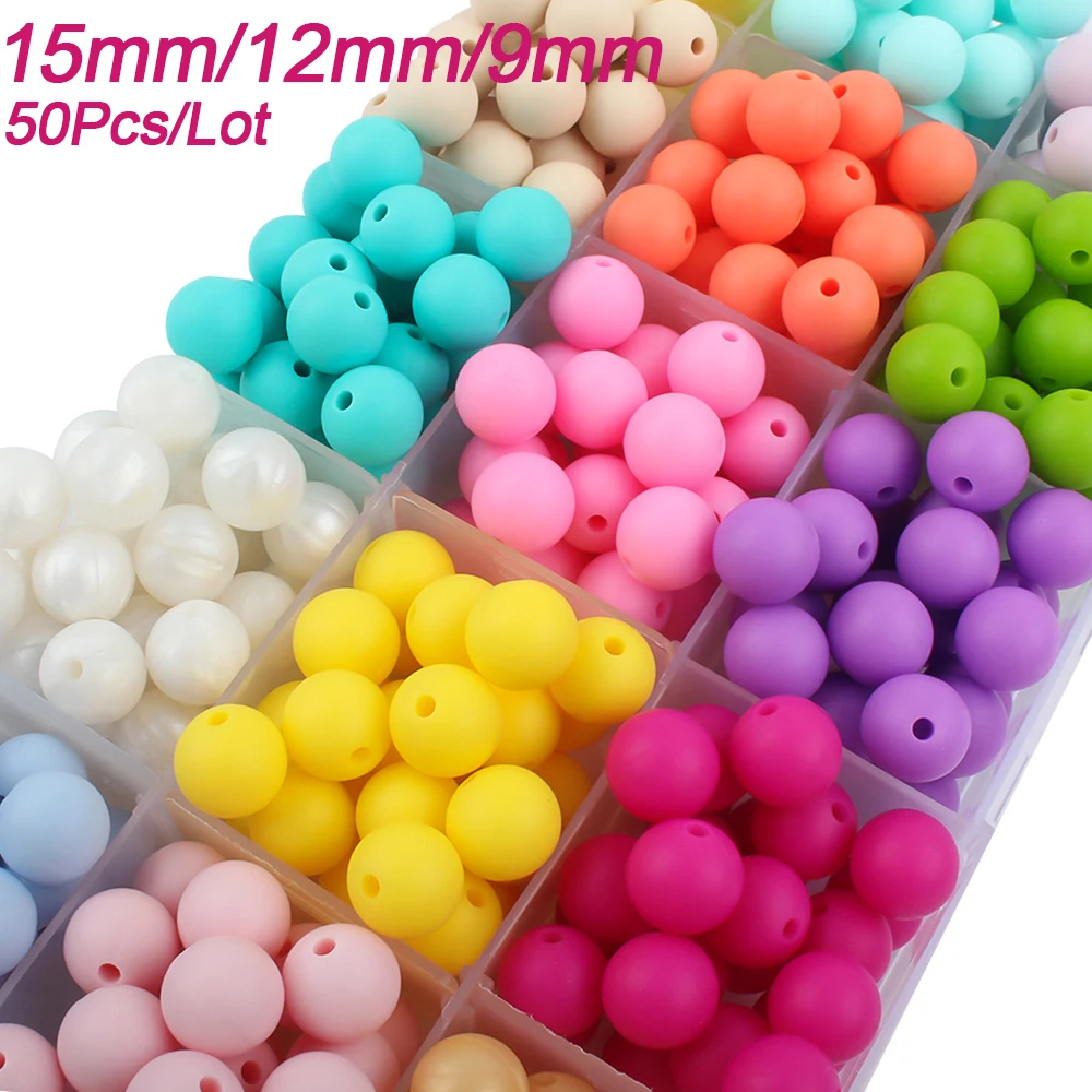 50Pcs 9mm 12mm 15mm Round Silicone Beads for Jewelry Making Bracelets DIY Keychain Necklace Pen Beads Color Accessory Decoration