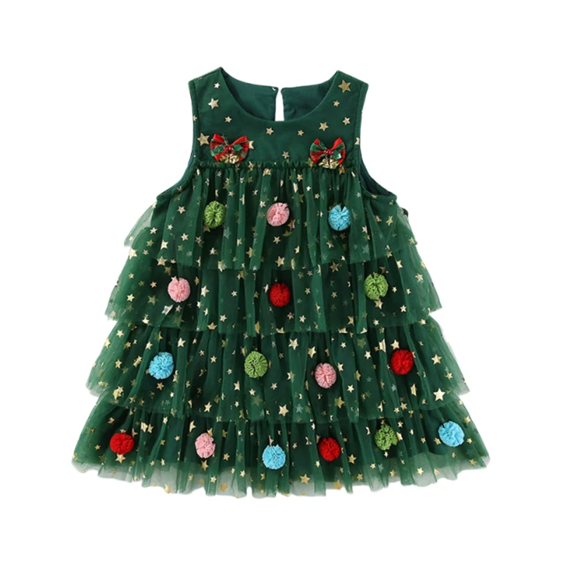 

Christmas Kids Girl Layered Dress 1-6Y Sleeveless Shiny Stars Lace Tulle Xmas Party Costume Sundress with Bells Princess Dresses