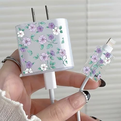 Transparent Purple Flowers Case For Apple 18/20w Charger Protective is Applicable To iPhone 15/14 Data Head Bite Protector Shell