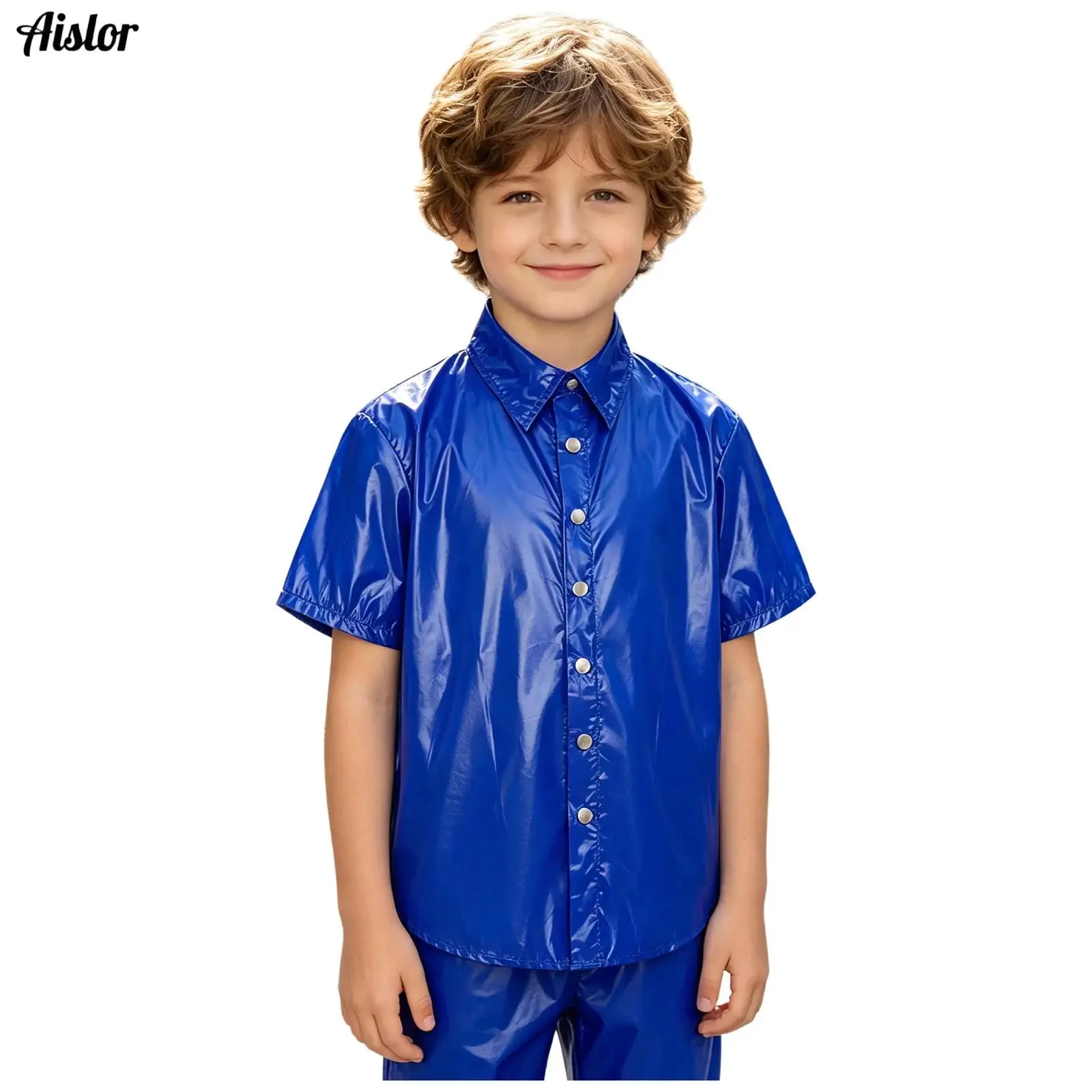 Kids Boys Girls Water-resistant Shirt Turn-down Collar Short Sleeve Press Button Front Top for Casual Daily Life Special Needs