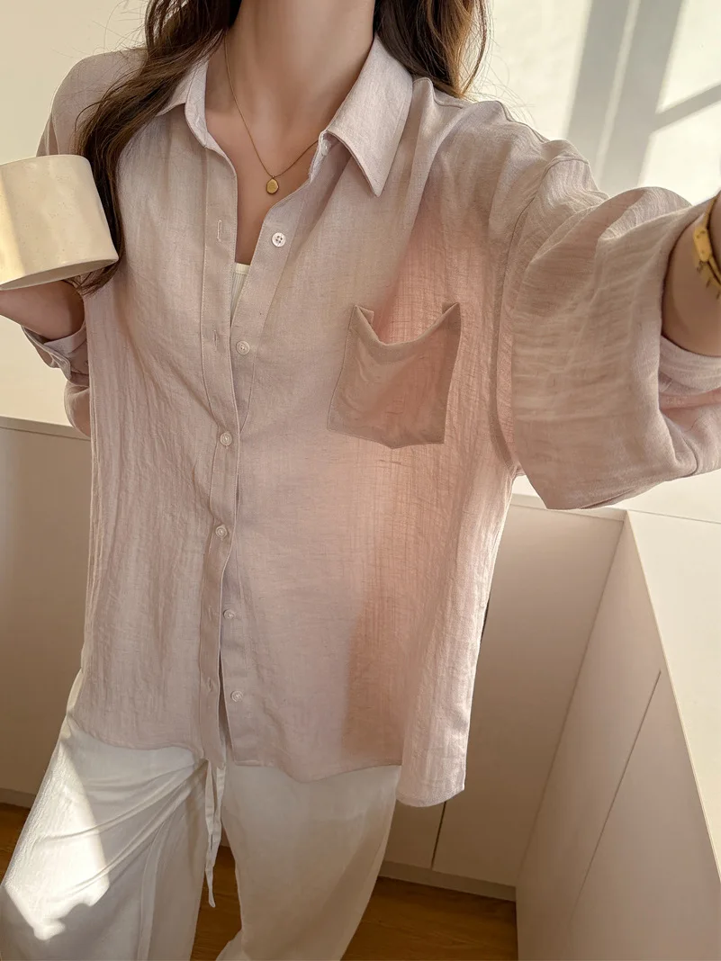 

Plus Size Women's Linen Shirt, Lightweight Long Sleeve Loose Solid Casual Outerwear
